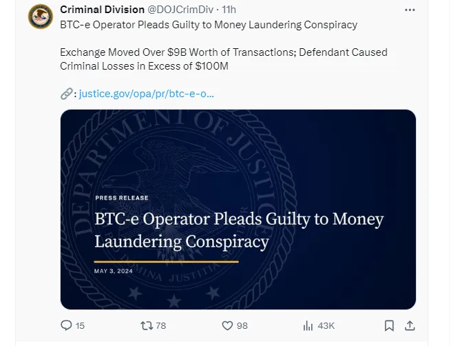 BTC-e Founder Admits Guilt in $9 Billion Money Laundering Conspiracy